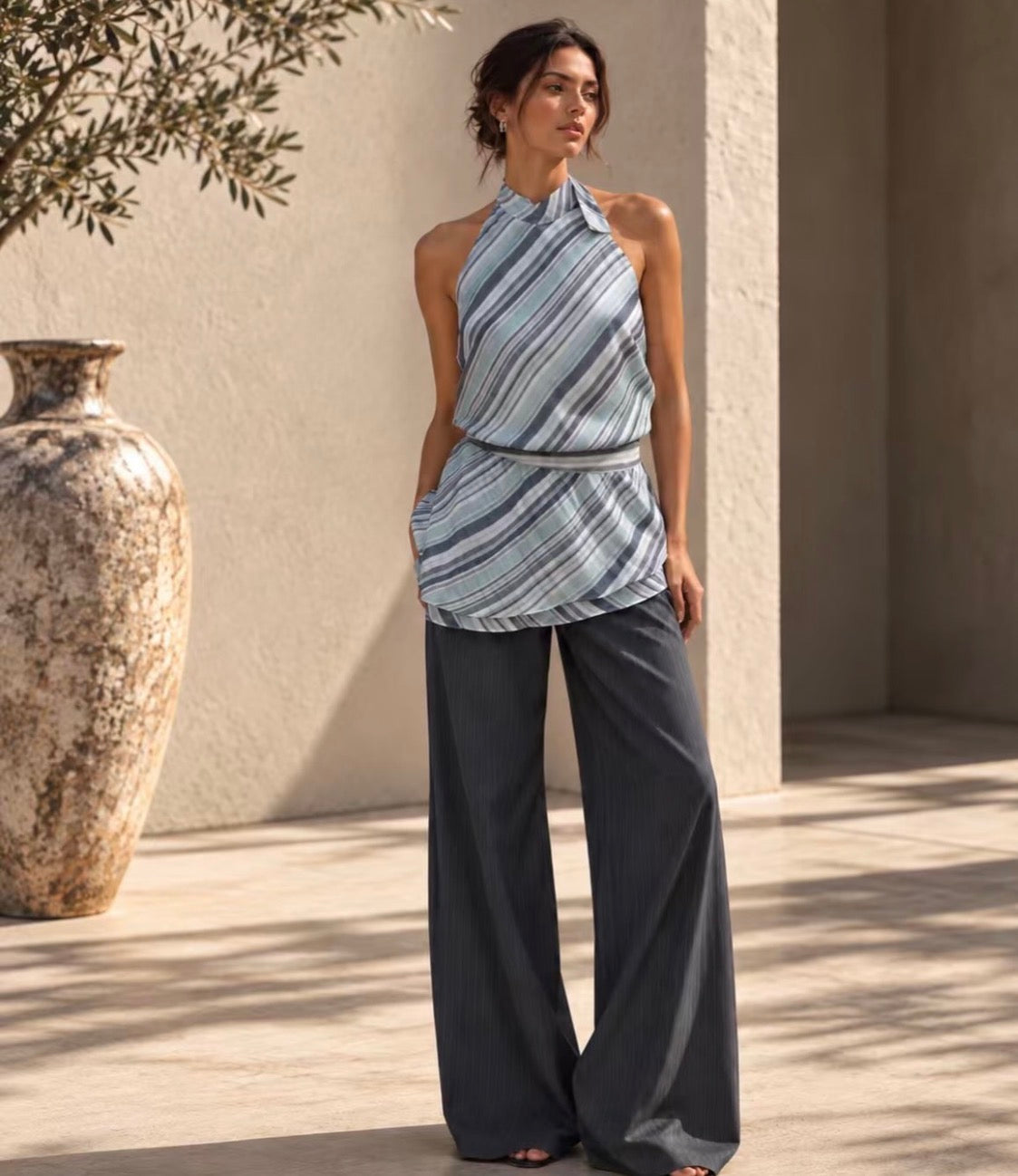Thanne Samos Tunic Dress – blue stripe halter neck mini dress