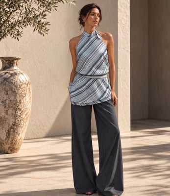 Thanne Samos Tunic Dress – blue stripe halter neck mini dress