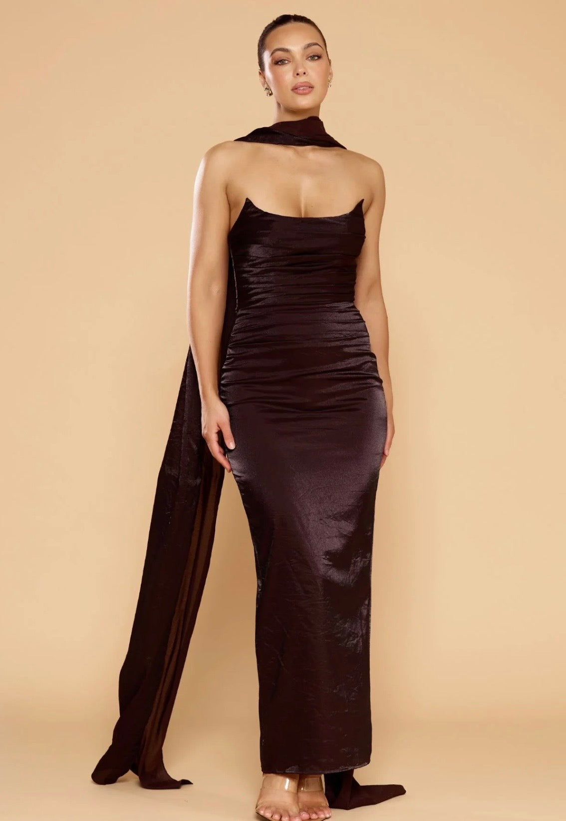 EVANGELINE STRAPLESS GOWN CHOCOLATE
