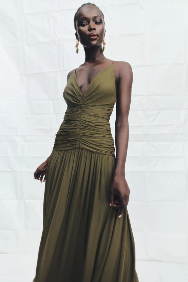 SHONA JOY JUNO PLUNGED GATHERED MAXI DRESS