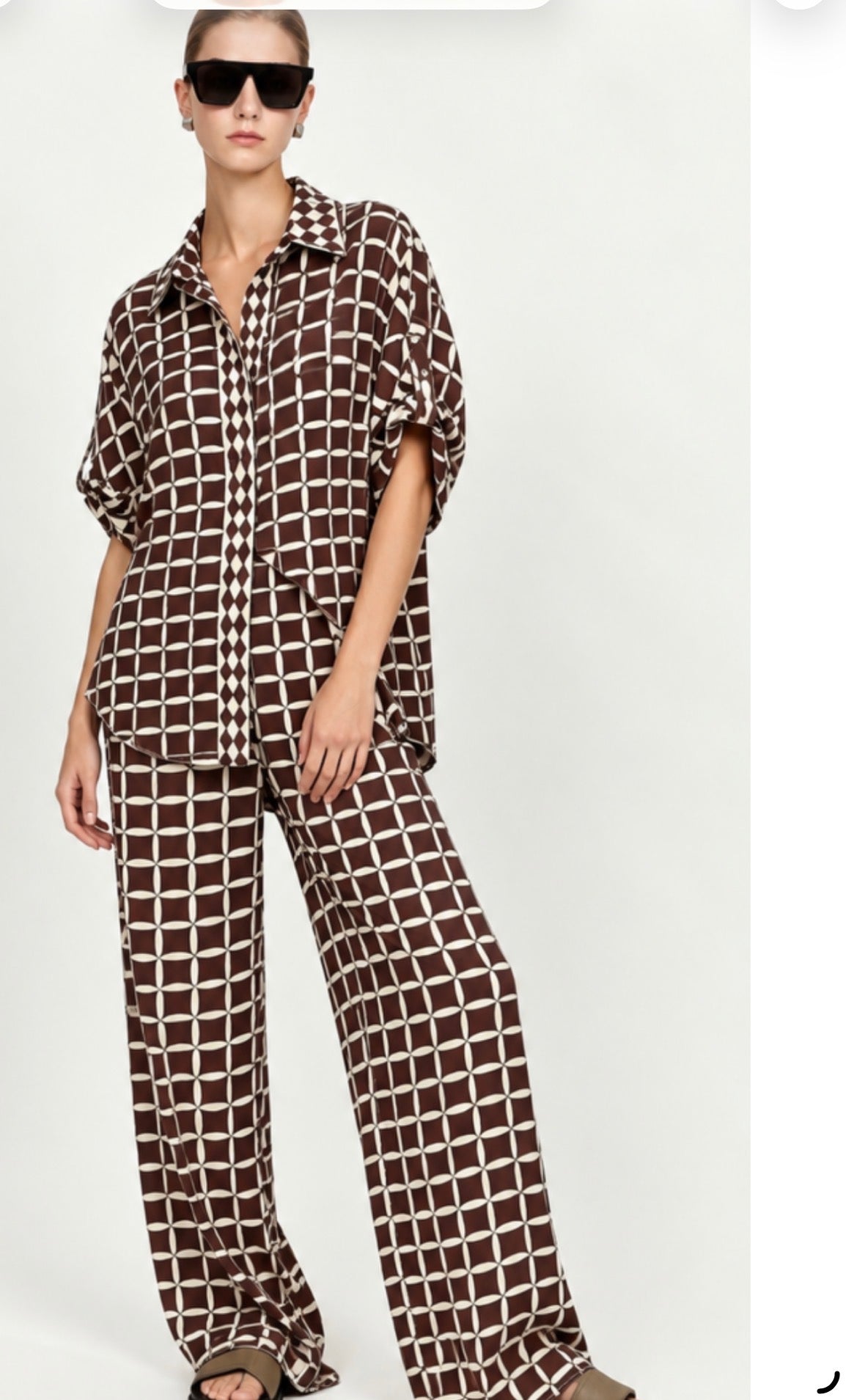 YH & Co Dana Set – brown geo print silky short-sleeve shirt set