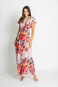 Kachel Anna Dress – red and pink floral maxi dress with V-neck knot detail