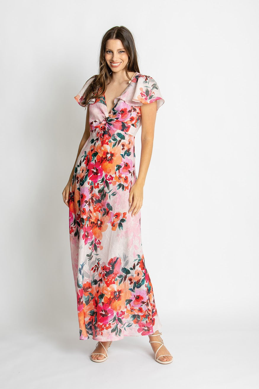 Kachel Anna Dress – red and pink floral maxi dress with V-neck knot detail