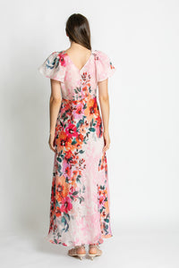 Kachel Anna Dress in red and pink floral print, maxi length