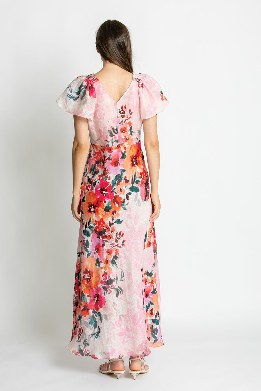 Kachel Anna Dress in red and pink floral print, maxi length
