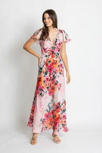 Kachel Anna Dress – floral maxi with cap sleeves and hidden side zip