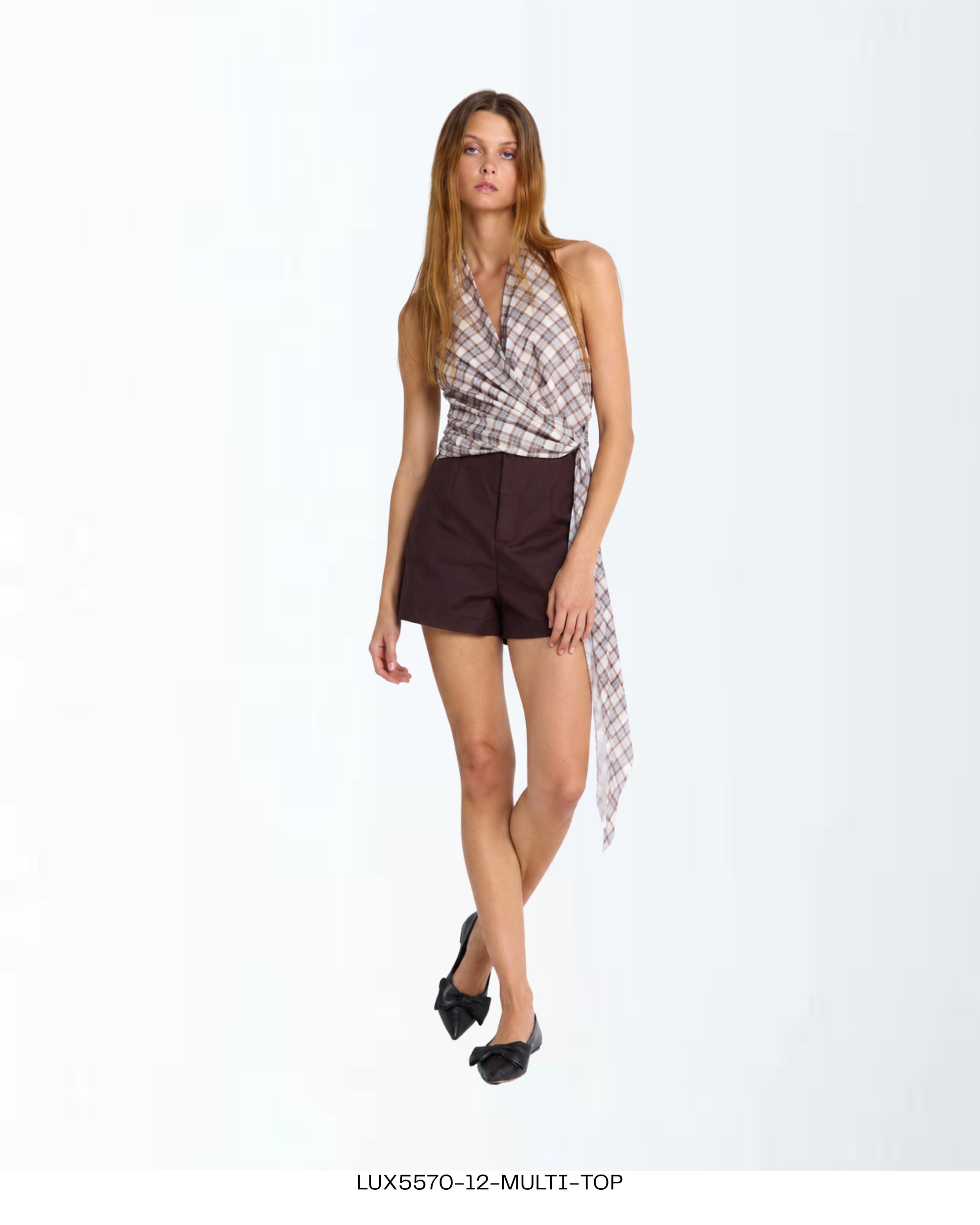 YH & Co Erin Top – check print halter wrap top with scarf-look ties
